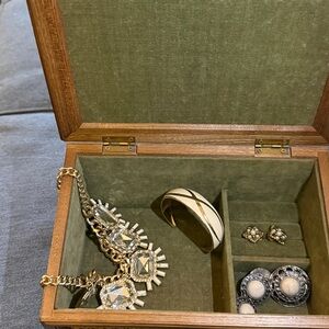 Japanese Wooden Cane Woven Jewelry Box with Jewelry.